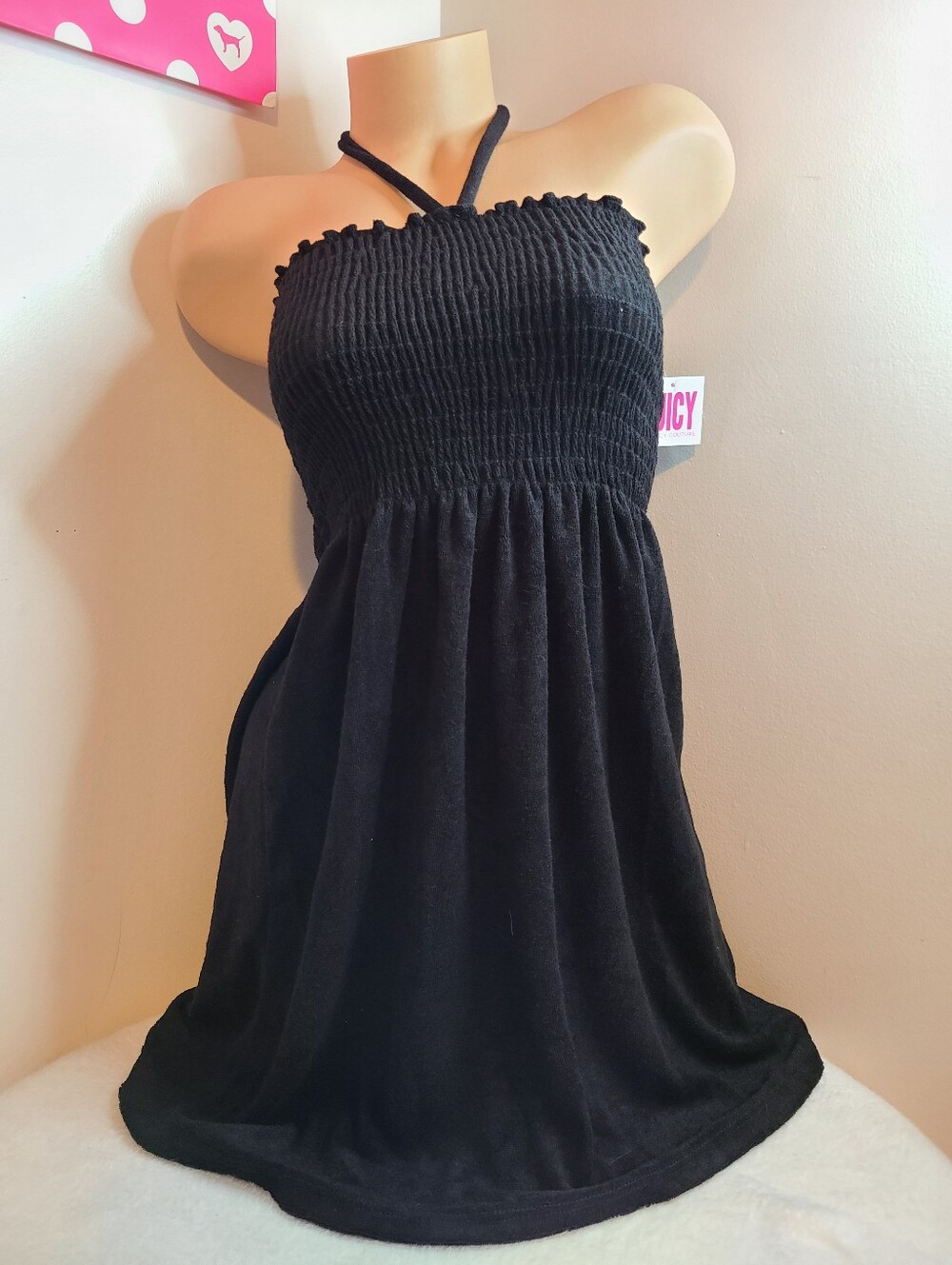 Juicy Couture Classic Black Micro Terry Smocked Halter Babydoll Dress Size Sm